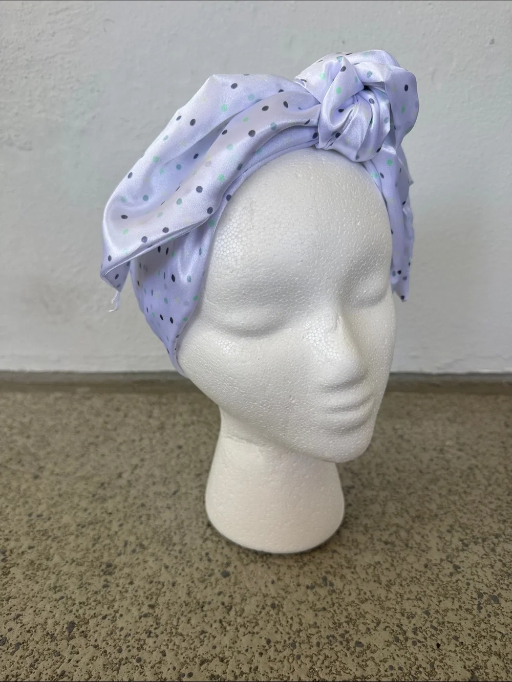 Happily Grey white green satin polka dot print head scarf